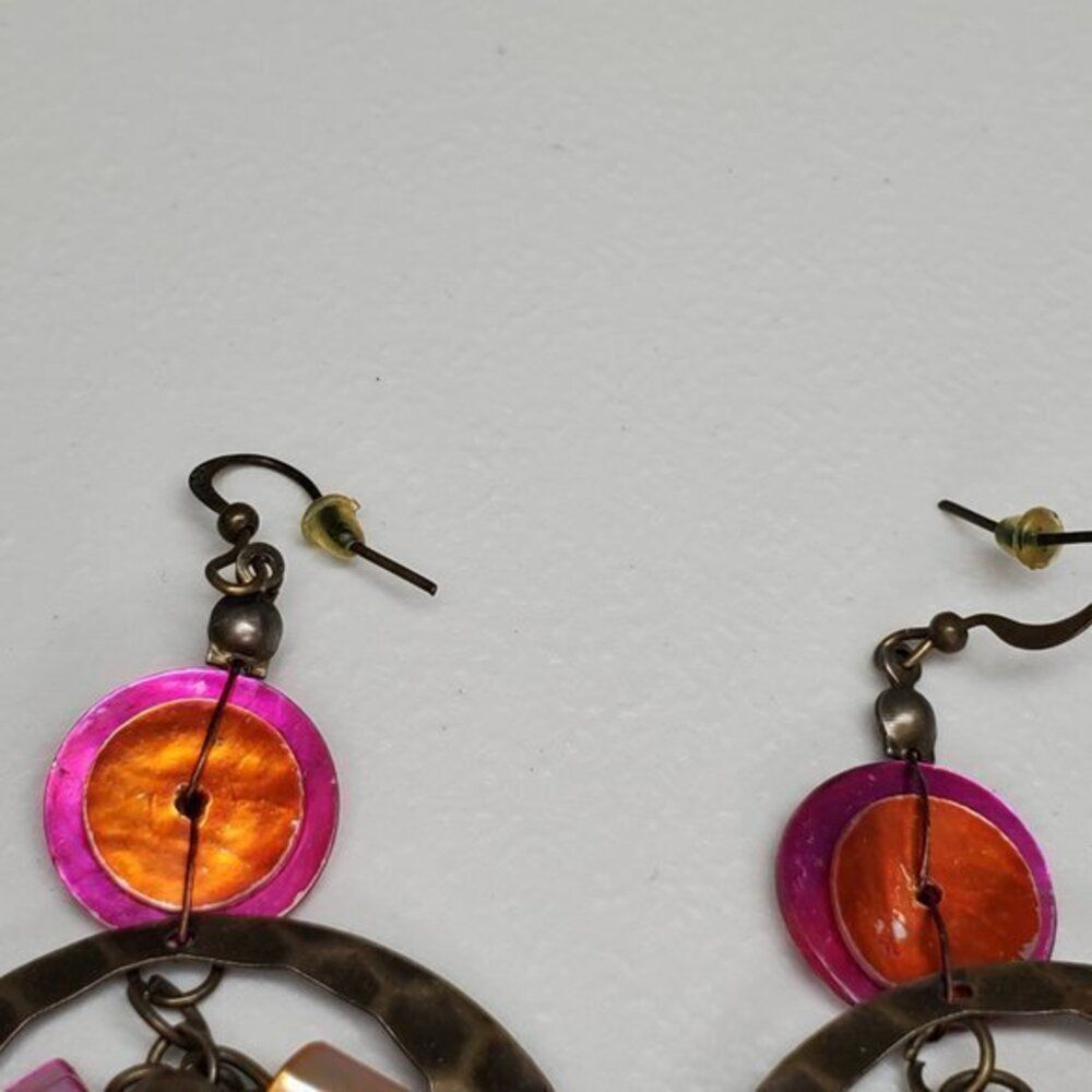 Textured Earrings Statement Orange Pink Gold Tone - Picture 4 of 6